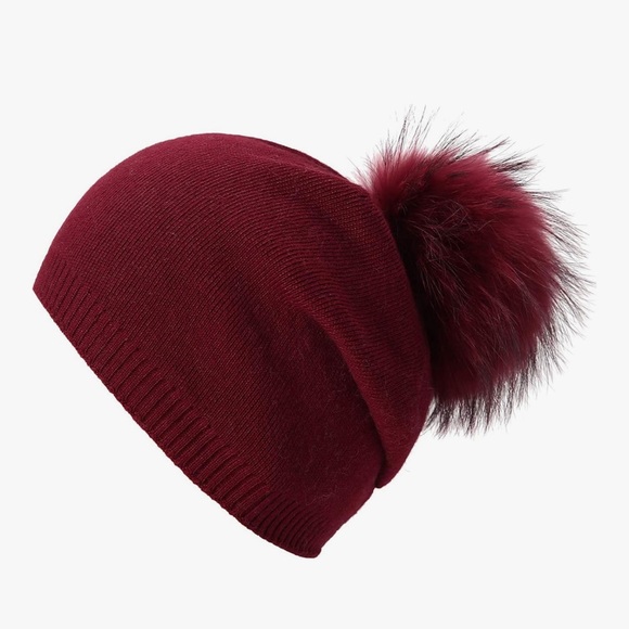 Women's Burgundy Pom Pom Knit Beanie - Unbranded - Picture 2 of 3